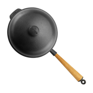25 cm Pre-Seasoned Cast Iron Deep Pan With Wooden Handle and Cast Iron Lid
