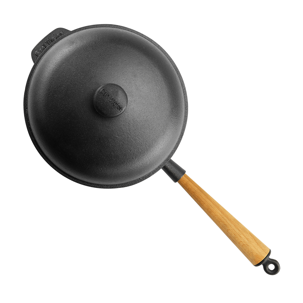 25 cm Pre-Seasoned Cast Iron Deep Pan With Wooden Handle and Cast Iron Lid